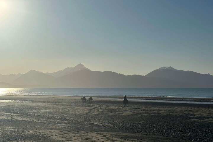 Horses and rider on beach with mountains and sun in background.