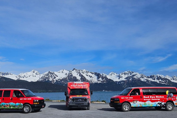 Three red vans parked by a lake with snowy mountains in the background.