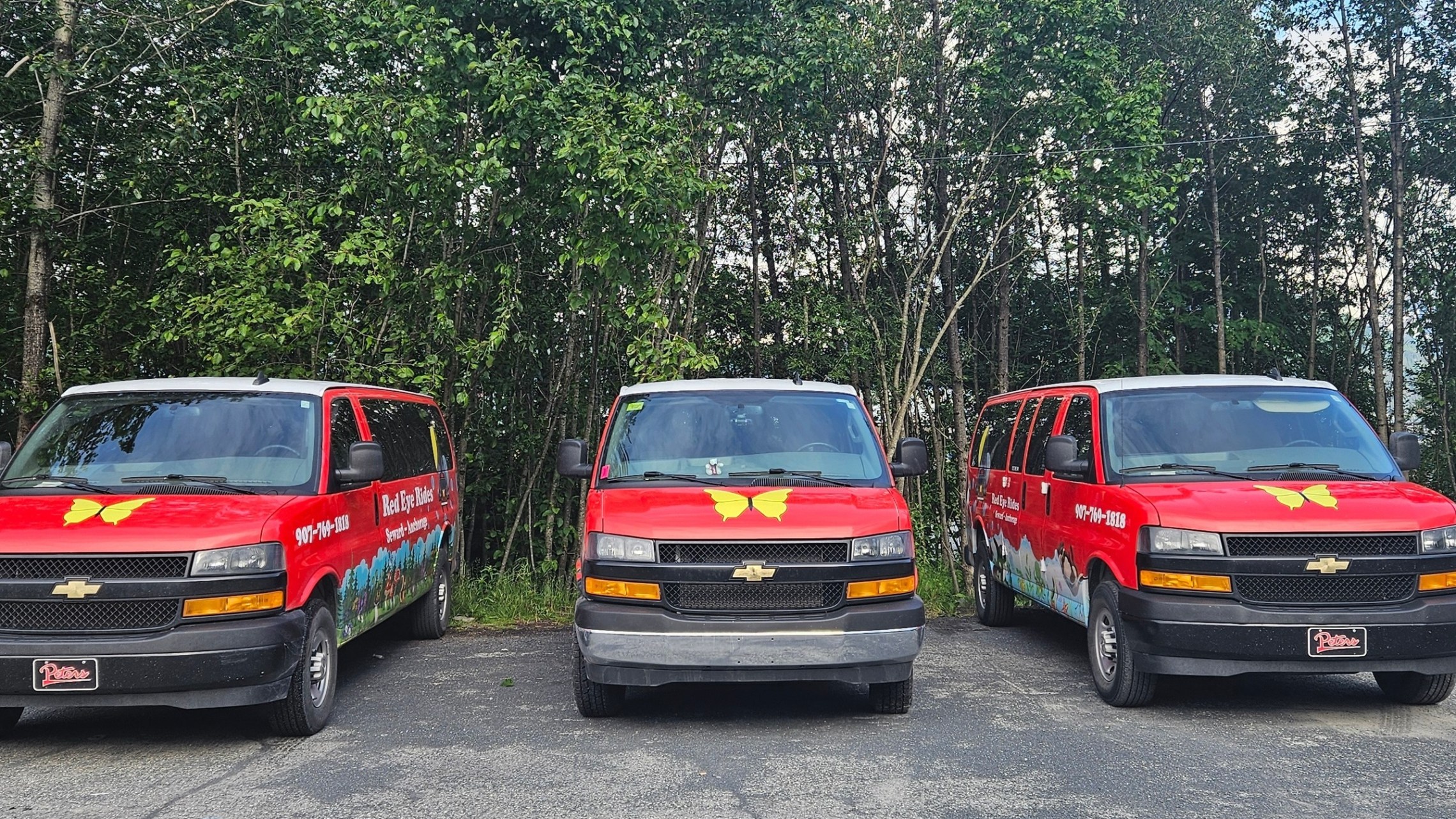 Three red vans with butterfly logos parked in front of trees.