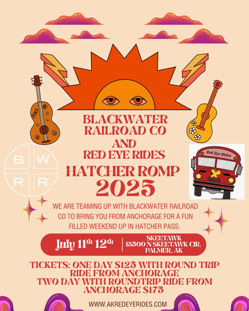 Music festival poster with sun, guitars, and bus illustration. Event dates: July 11th, 12th, 2025 in Alaska.