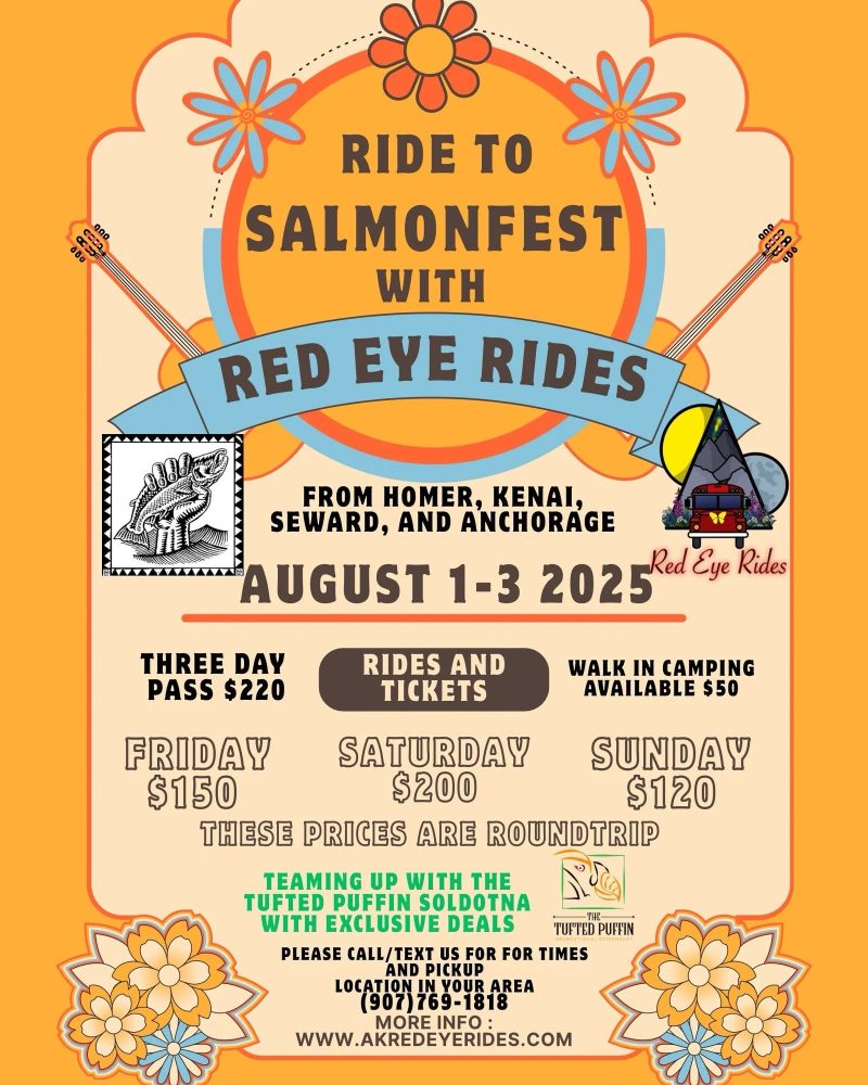 Colorful event poster for 'Ride to Salmonfest' from August 1-3, 2025, featuring prices and locations.