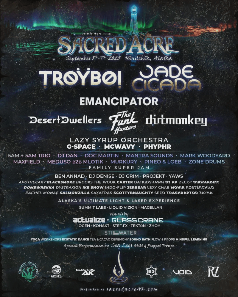 Sacred Acre music festival poster with artist lineup and event details.